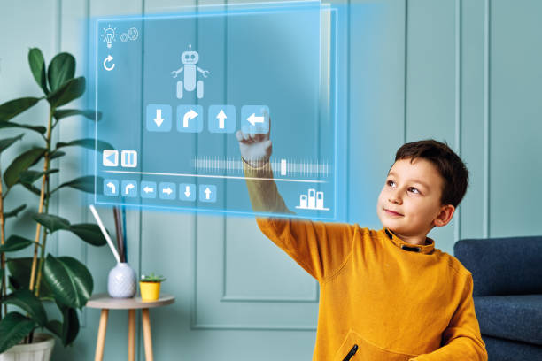 Futuristic child programming robot on virtual screen.